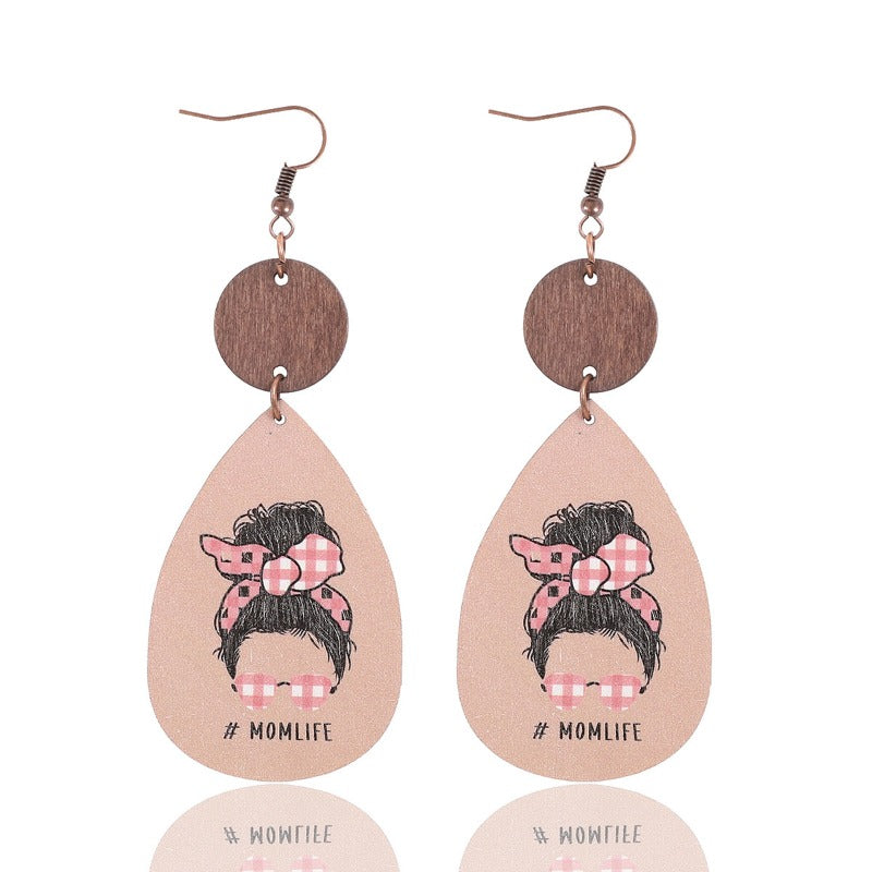 Wholesale MOM LIFE Mother's Day Leopard Plaid Wooden Earrings