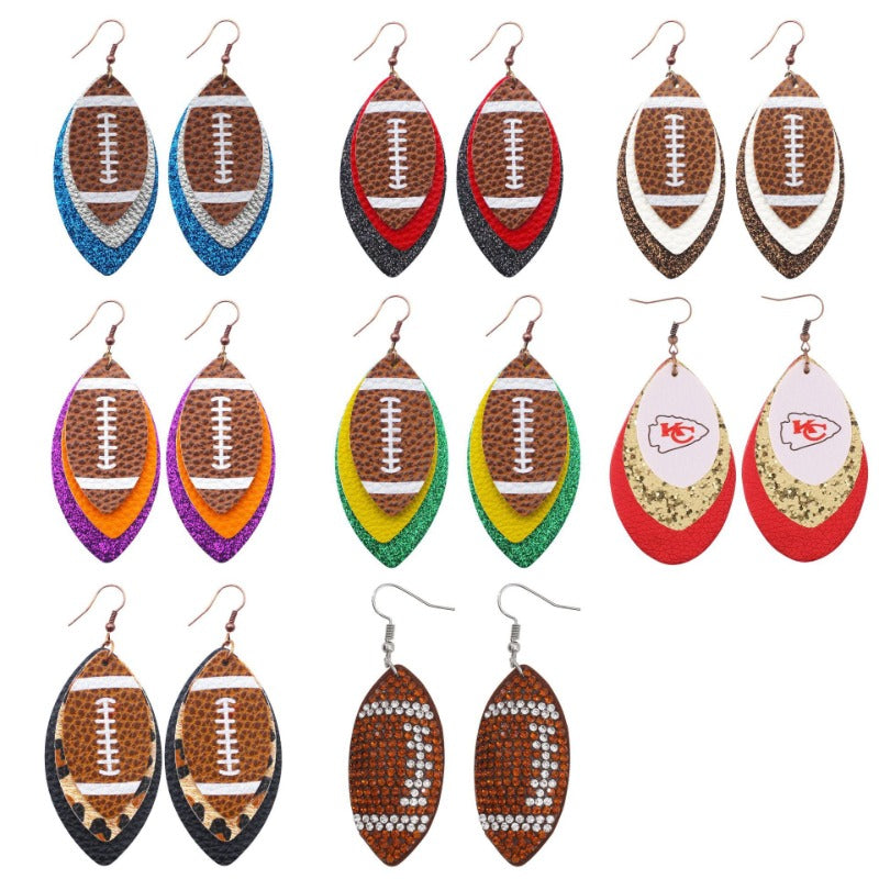 Wholesale Sports Style Rugby Brown Leopard Print Leaf Three-layer Leather Dot Diamond Rugby Earrings