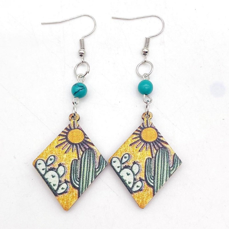 Wholesale Western Style Turquoise Cactus Sunset Wooden Earrings