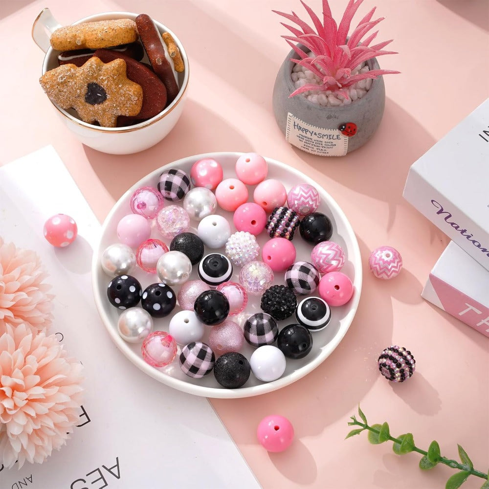 Wholesale Whaline 50Pcs 20mm Mixed Bubblegum Beads 16 Styles Pink & Black Spacer Bead Plaid Dot Wave Chunky Beads Set Jumbo Plastic Beads for Jewelry Making Boutique DIY Craft Supplies