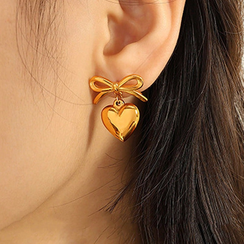 Wholesale Light Luxury Retro Stainless Steel Plated 18k Gold Bow Titanium Steel Heart Earrings