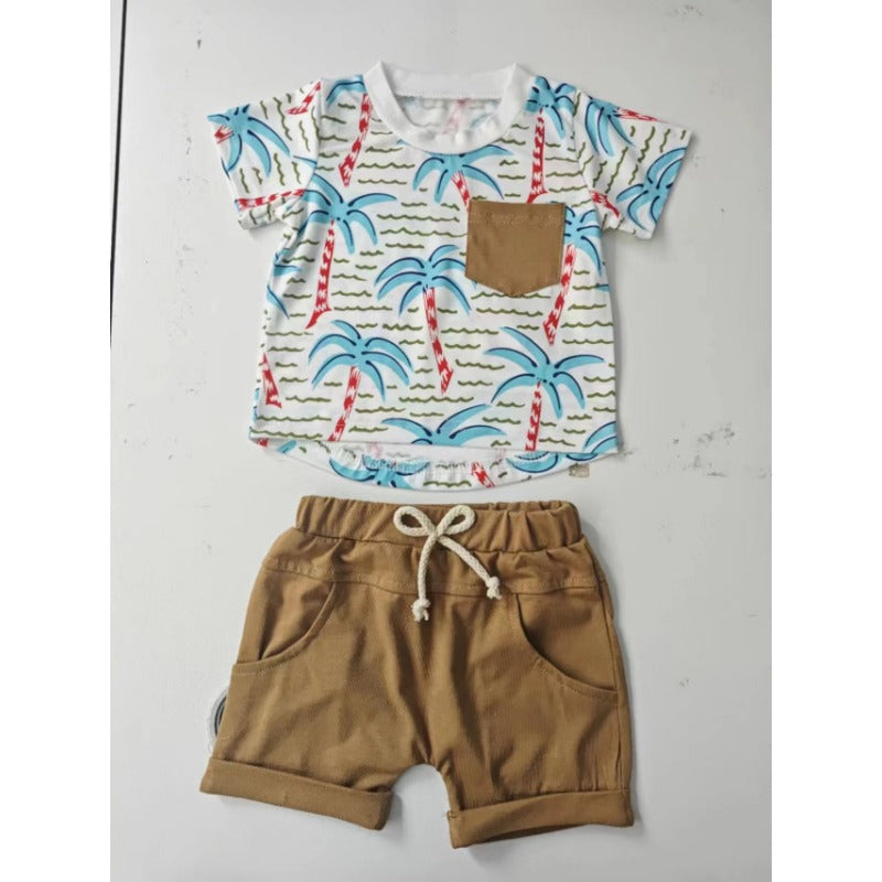 Wholesale Summer Leisure Rainforest Printed T-shirts and Shorts Cotton Baby Sets