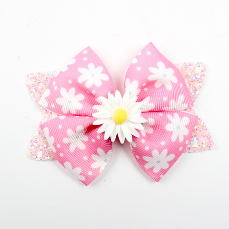 Wholesale 5pcs Shiny Boutique Bow Daisy Sunflower Print Hair Clip