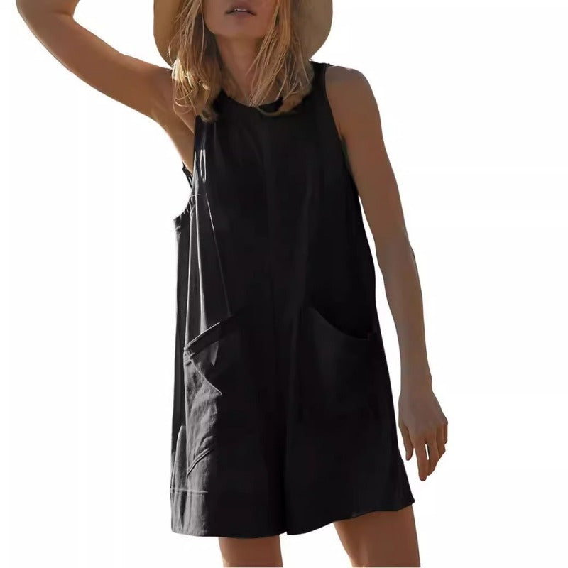 Wholesale Sleeveless Casual Pocket Fashion Three-quarter Jumpsuit