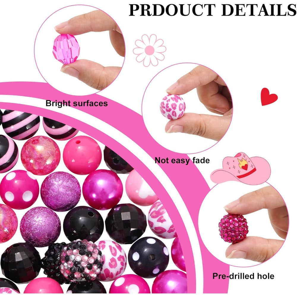 Wholesale Whaline 50Pcs Preppy Bubblegum Beads Pink Girl Spacer Bead 20mm Pink Black Leopard Heart Chunky Beads Set Jumbo Plastic Beads for Jewelry Making Boutique DIY Craft Supplies
