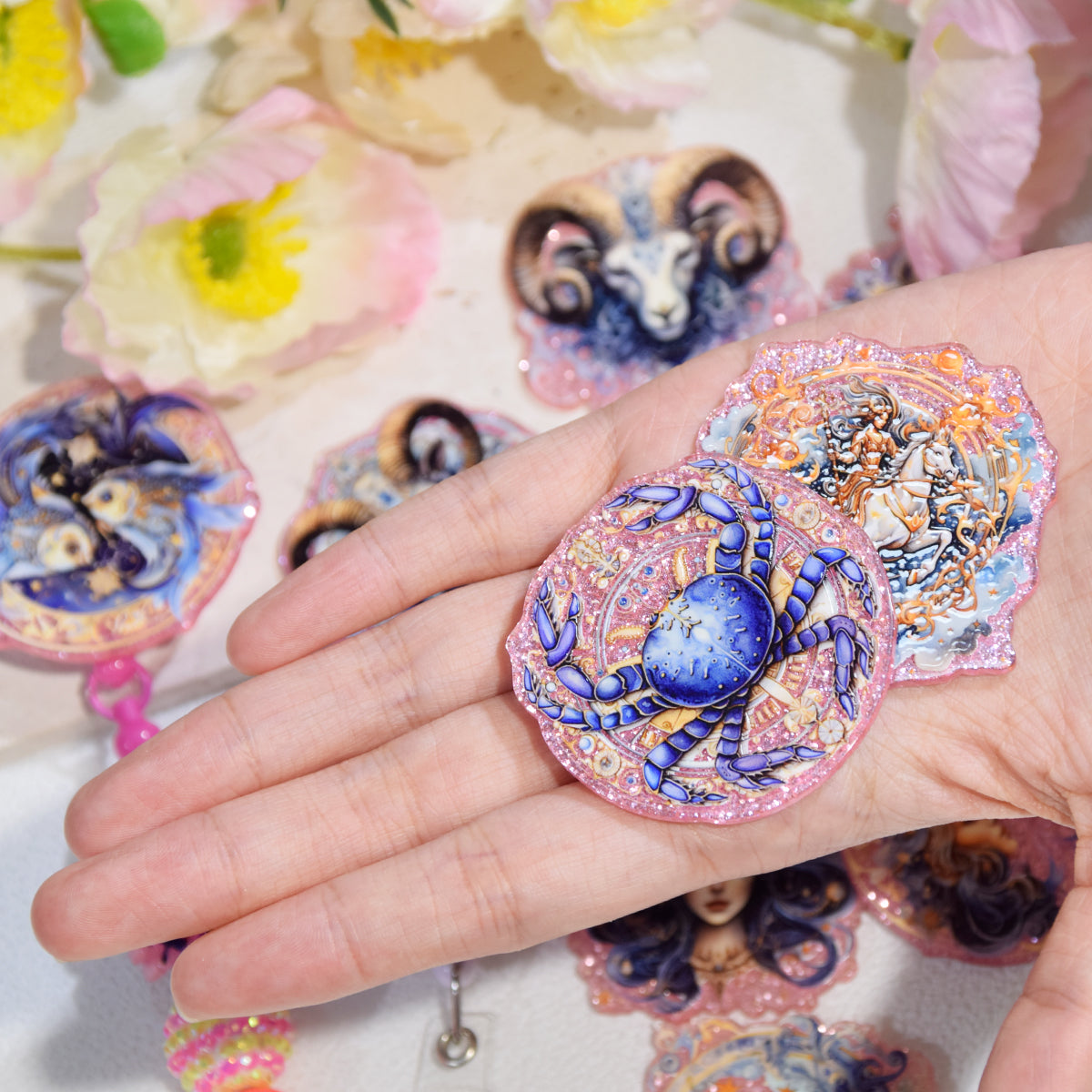 Wholesale 12pcs/Pack Twelve Zodiac Signs DIY Acrylic Flatbacks for Badge Reels Keychains