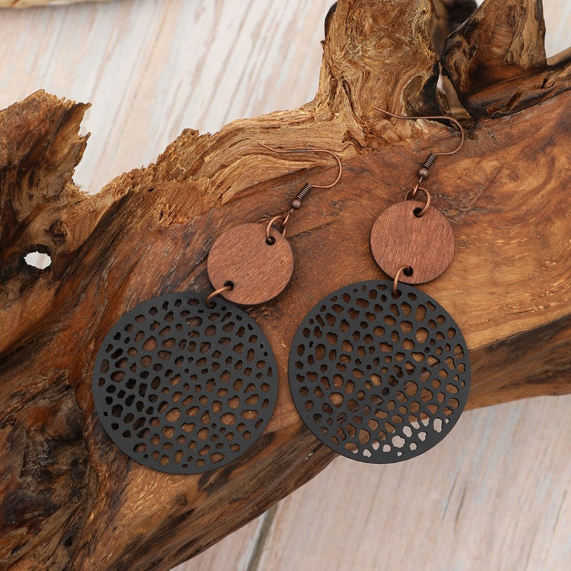 Wholesale Hollow Wood Piece Combination Leather Round Mesh Earrings
