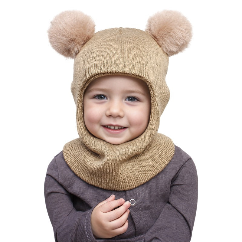 Wholesale Autumn and Winter Pullover Children's Double Ball Ear Protection One-piece Solid Color Cute Wool Knitted Hat