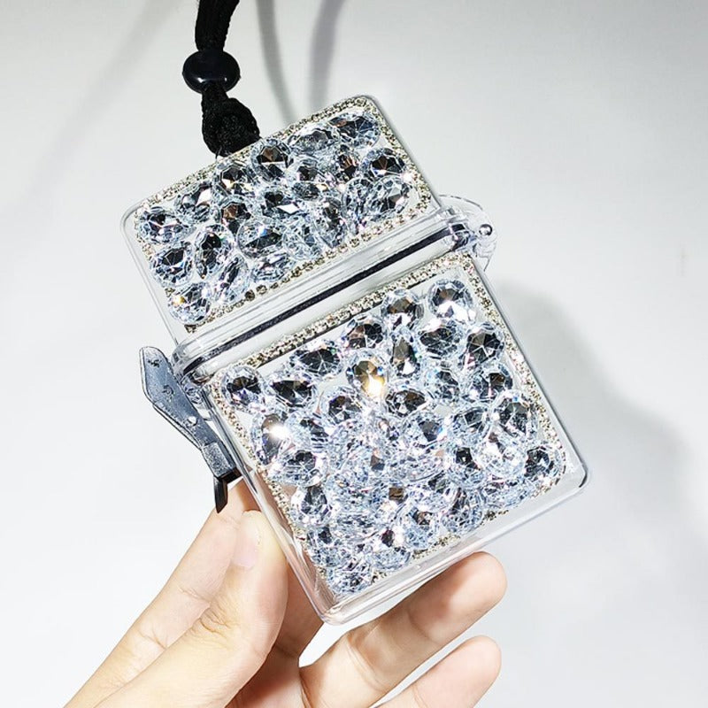 Wholesale Women's Transparent Waterproof Cigarette Box with Hanging Rope and Diamond Inlay