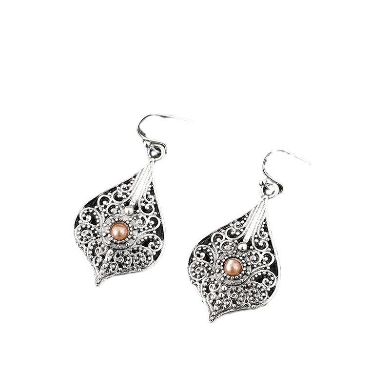 Wholesale Bohemian Retro Style Teardrop-shaped Hollow Pattern Inlaid Gem Alloy Earrings