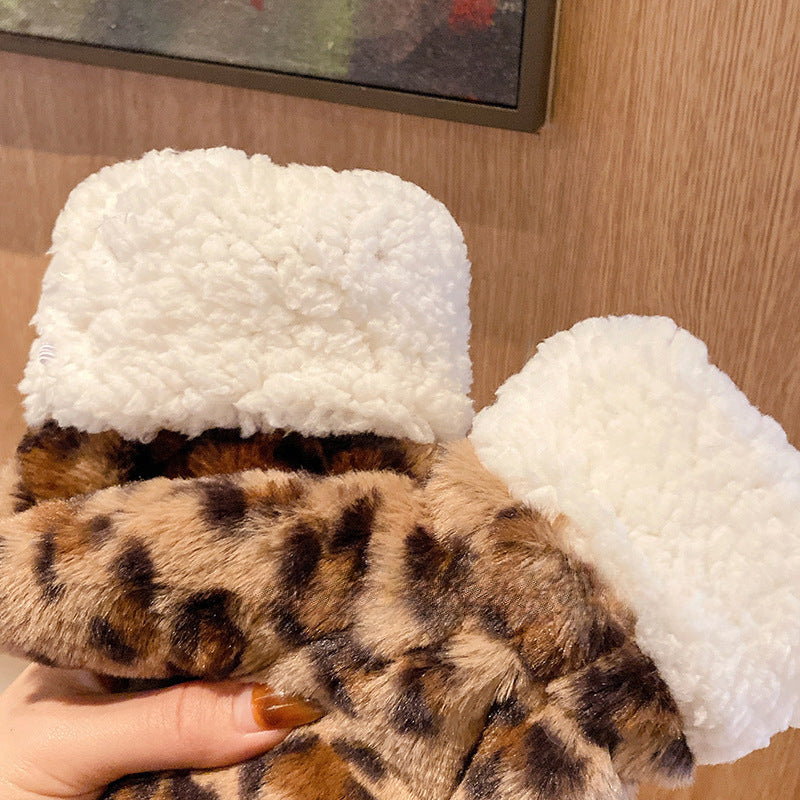 Wholesale Retro Leopard Print Winter Velvet Thickened Warm Gloves