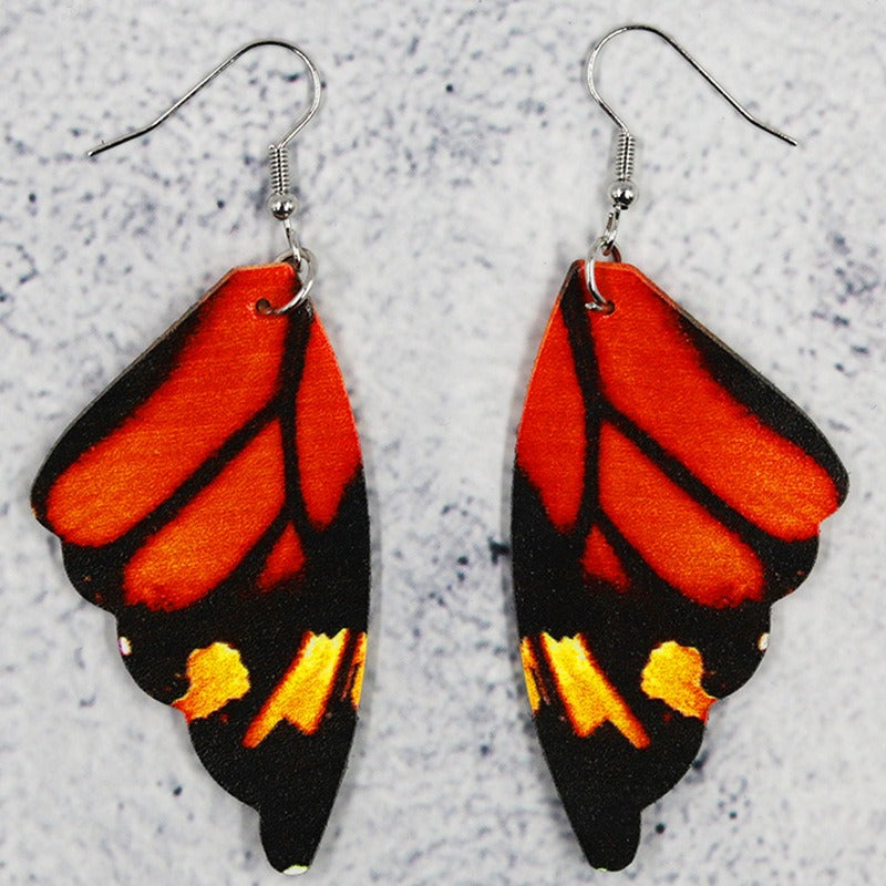 Wholesale Butterfly Leather Bionic Butterfly Wings Pattern Symmetrical Double-Sided Printed Earrings