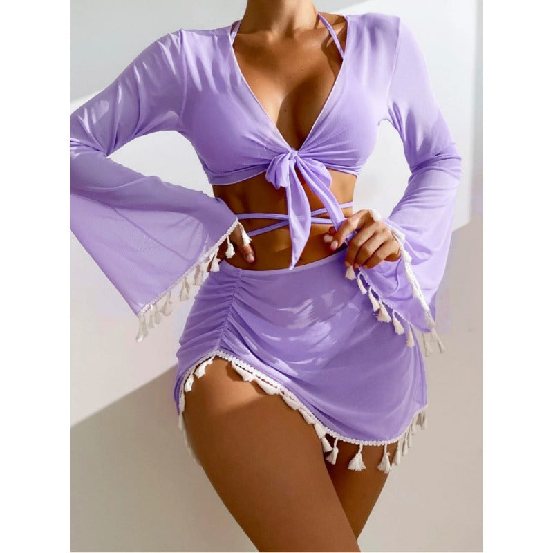 Wholesale Solid Color Tassel Blouse Mesh Skirt Four-piece Swimsuit