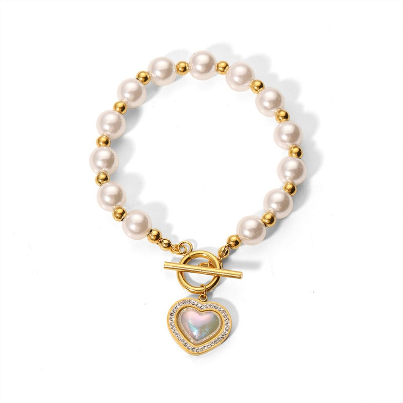 Wholesale French Baroque Pearl Love Titanium Steel Bracelet