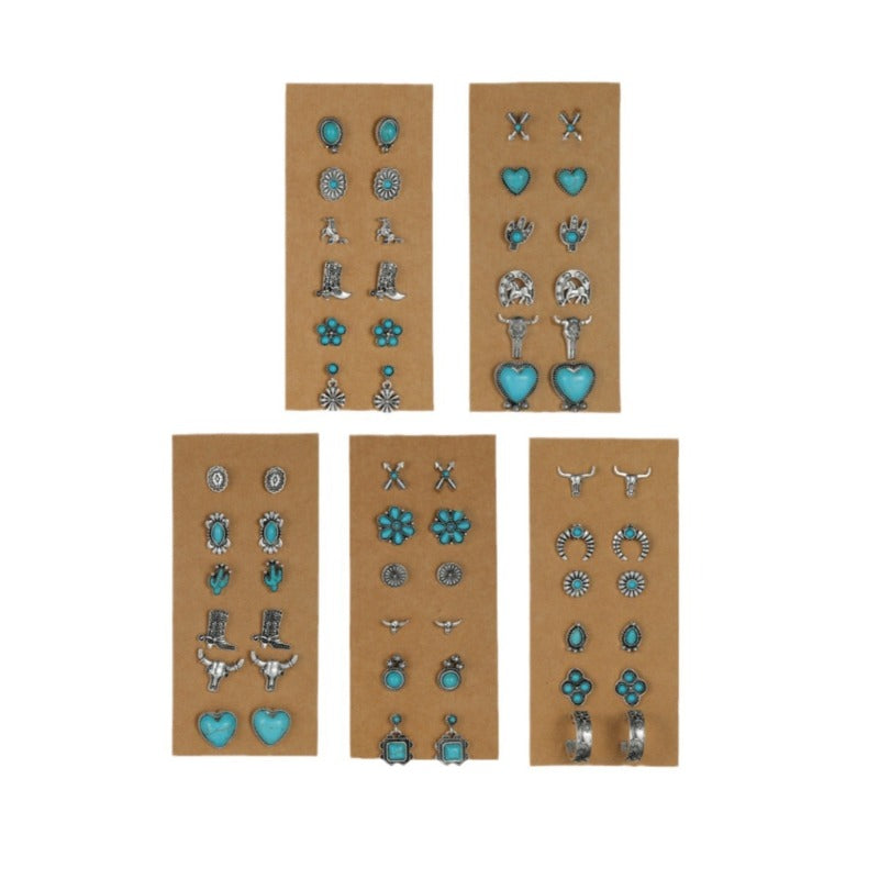 Wholesale Retro Ethnic Style Turquoise Flower Denim Cactus Alloy Earrings
