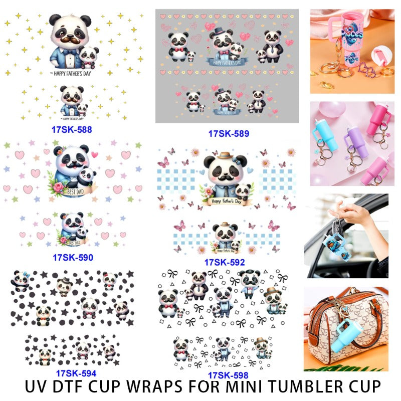 Wholesale 2/4/8 Pcs Father's Day Cartoon Cute Panda UV DTF Wraps Mini Tumbler Cup Keychain Lipstick Holders