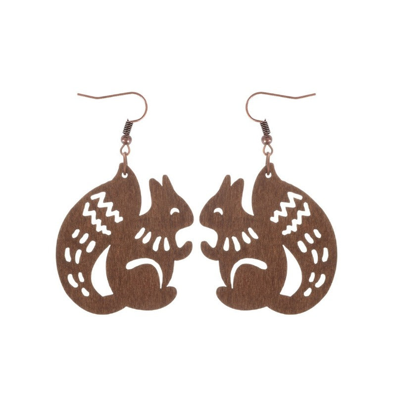 Wholesale Hollow Wooden Squirrel Maple Leaf Personalized Retro Ethnic Style Earrings