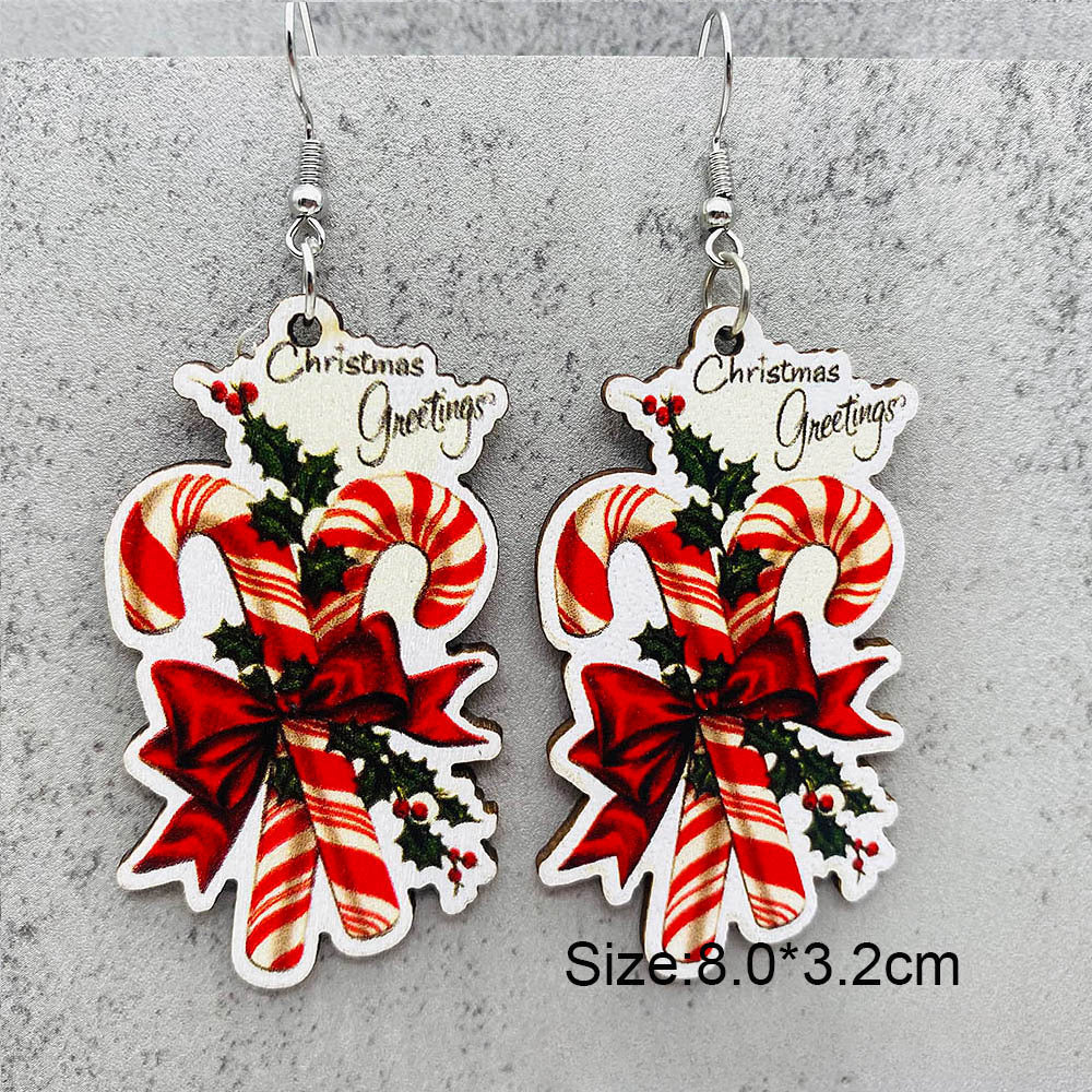 Wholesale Christmas Candy Cane Cane Wooden Earrings
