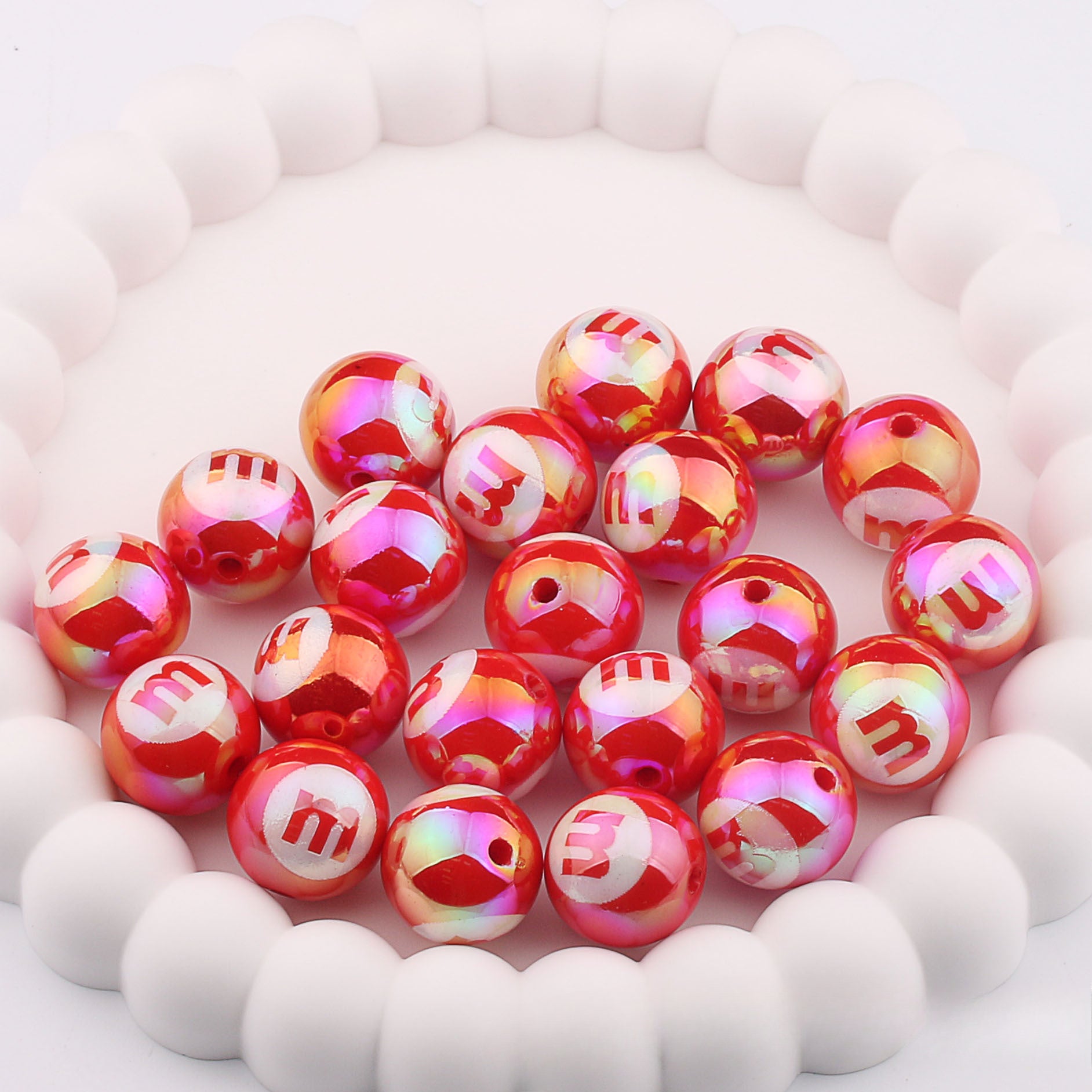 Wholesale 20pcs Acrylic UV Plating Engraving M Bean Straight Hole Two-color DIY Beads
