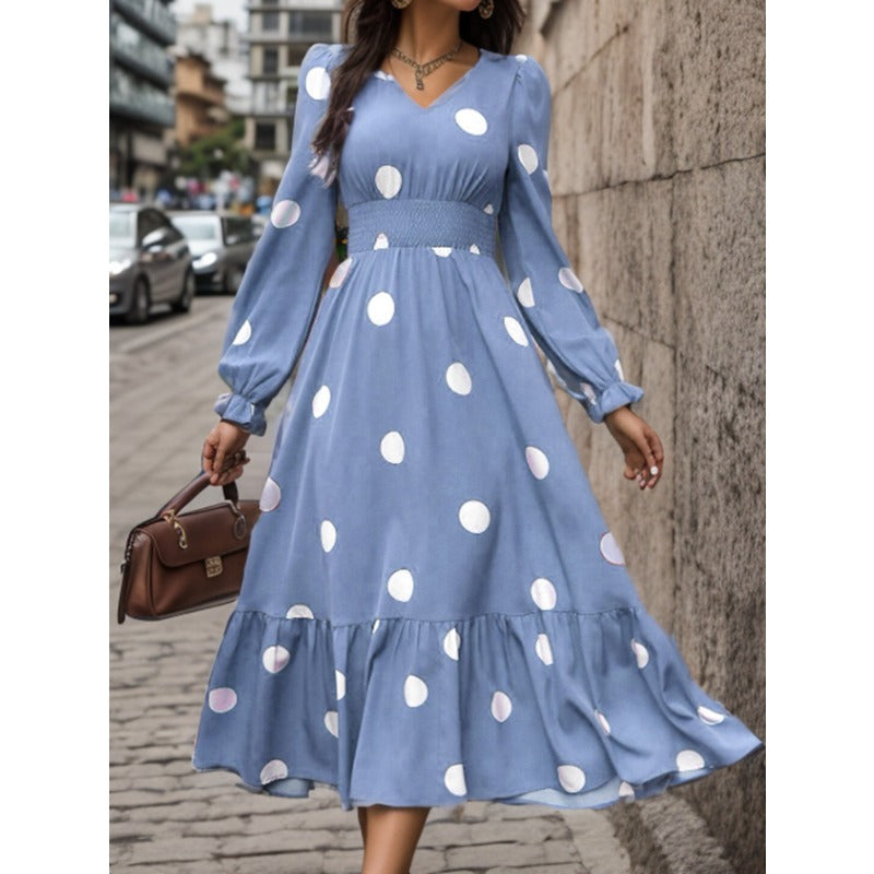 Wholesale Polyester Women's V Neck Polka Dot Print Long Sleeve Waist Midi Dress