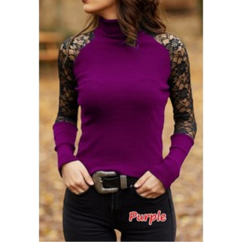 Wholesale Cotton Women's High Neck Lace Patchwork Long Sleeved T-shirts