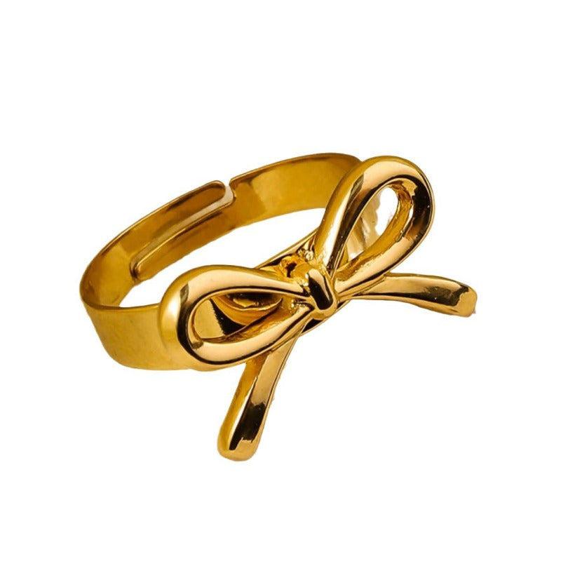 Wholesale Ribbon Knot Heart shaped 18K Real Gold Open Mouth Adjustable Luxury Stainless Steel Rings