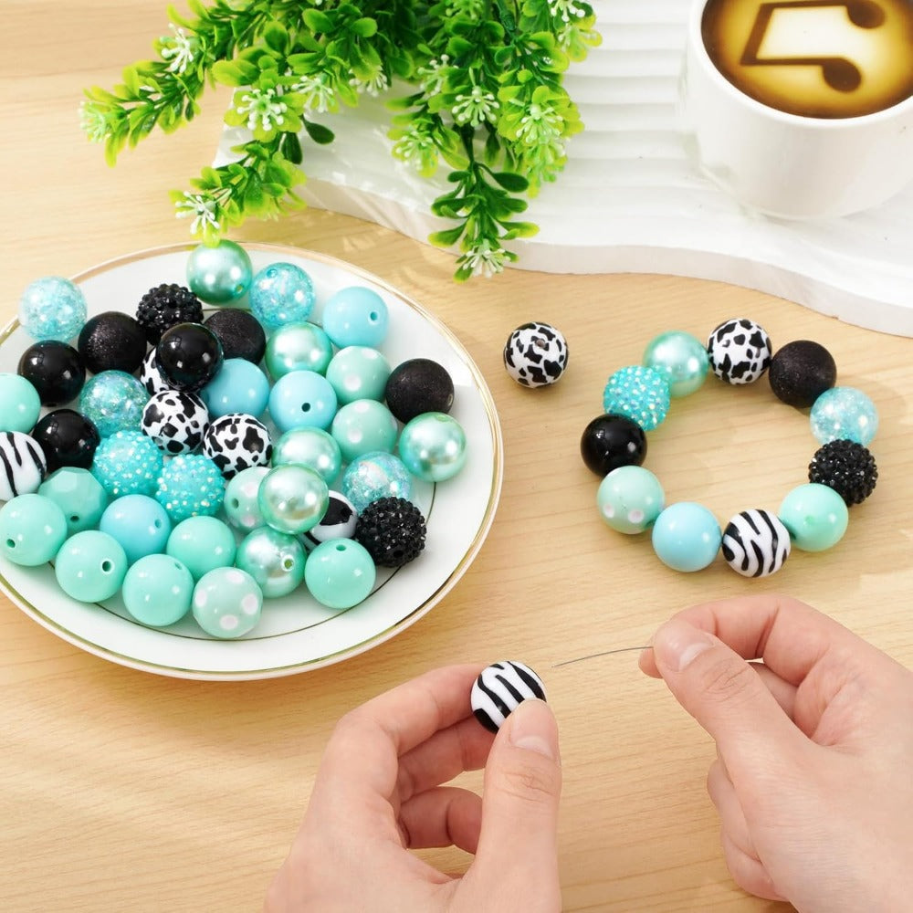 Wholesale Whaline 50Pcs 20mm Cow Theme Beads 12 Styles Mixed Bubblegum Beads Set Green Black Spacer Bead Chunky Beads Jumbo Plastic Beads for Crafts and Jewelry Making Boutique Craft Supplies