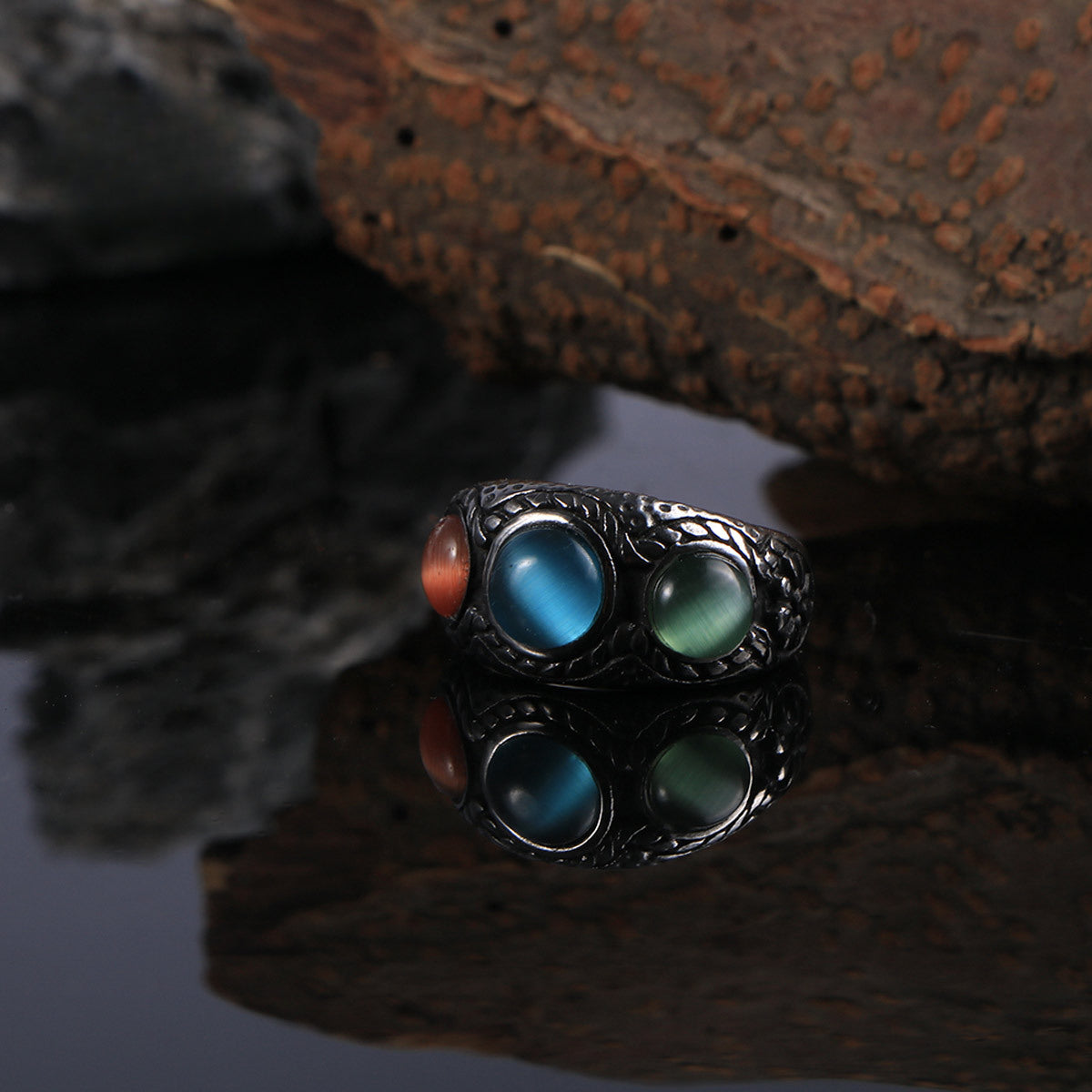Wholesale Vintage Ethnic Style Cat's Eye Stone Titanium Steel Rings