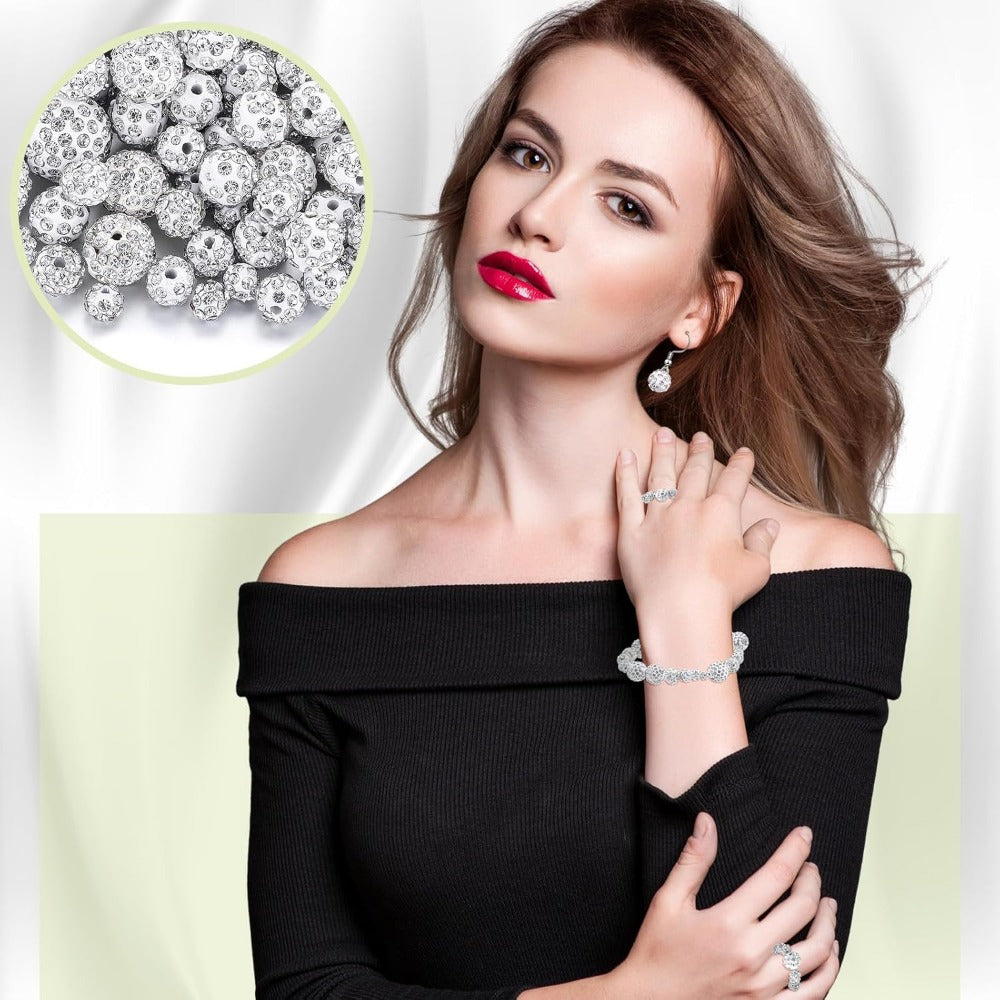 Wholesale 50 Pcs Rhinestones Beads 16mm, 12mm, 10mm, 8mm, 6mm Pave Disco Ball Beads Polymer Clay Czech Beads Round Crystal Diamond Glitter Beads for Bracelet Necklace Earring Crafting Jewelry Making