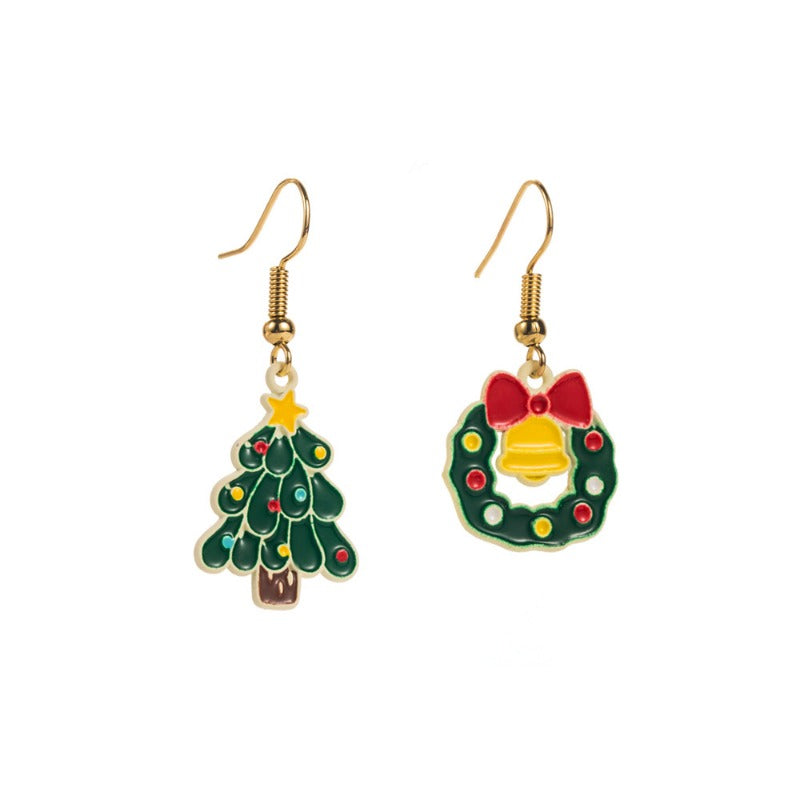 Wholesale Christmas Holiday Personality Simple Bell Bow Asymmetric Alloy Oil Drop Earrings