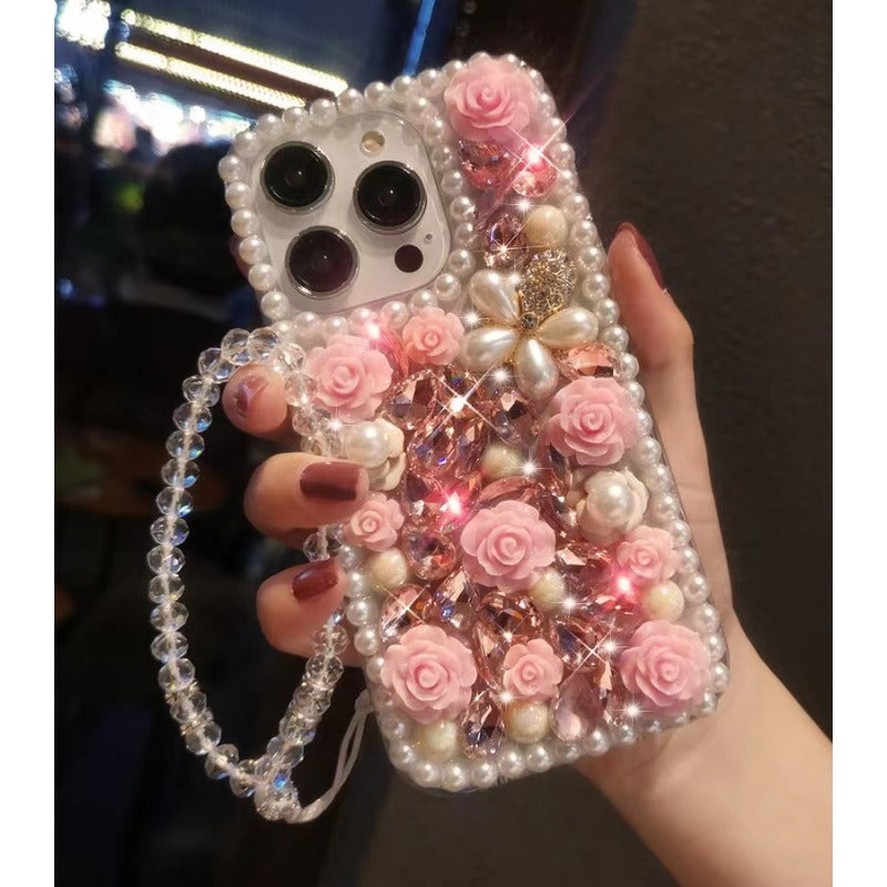 Wholesale Pearl Border Full Diamond Flower Phone Protective Cases