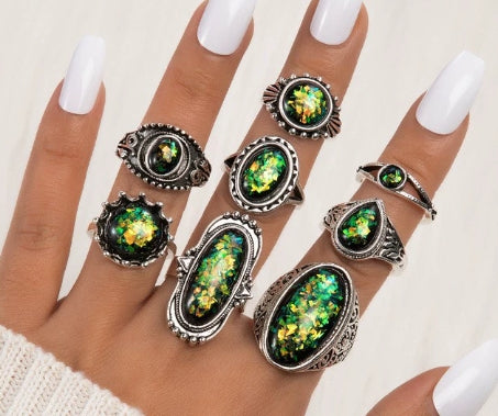 Vintage 8-piece Ring Set with Turquoise Carved Feathers