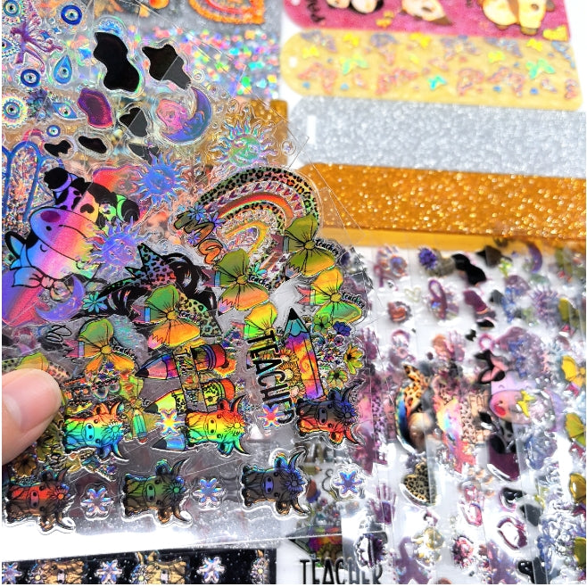 Wholesale Random Holographic Stickers 20/50/100pcs UV DTF Wraps Pen Sticker & Cartoon Random Styles Bookmark Stickers for Crafts Wraps