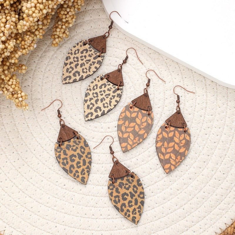 Wholesale Retro Leopard Leaf Splicing Woodblock Fashion Exaggerated Earrings