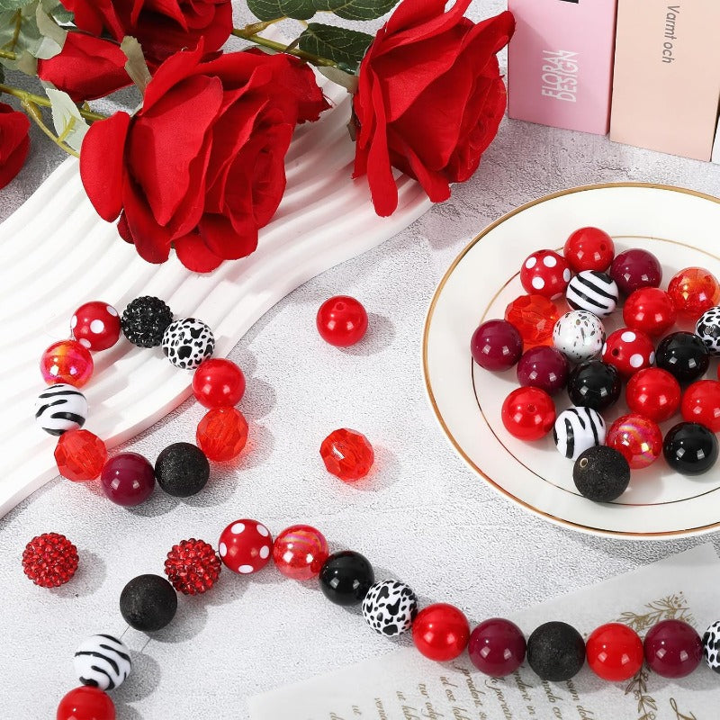 Wholesale Whaline 50Pcs 20mm Red Cow Beads 12 Styles Mixed Bubblegum Beads Set Red Black Spacer Bead Chunky Beads Jumbo Plastic Beads for Crafts and Jewelry Making Boutique Craft Supplies