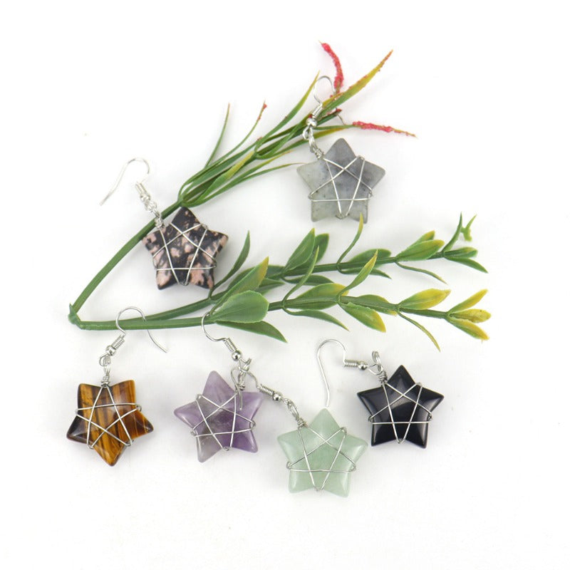 Wholesale Hand-wound Natural Crushed Stone Crystal Tiger Stone Pentagram Earrings