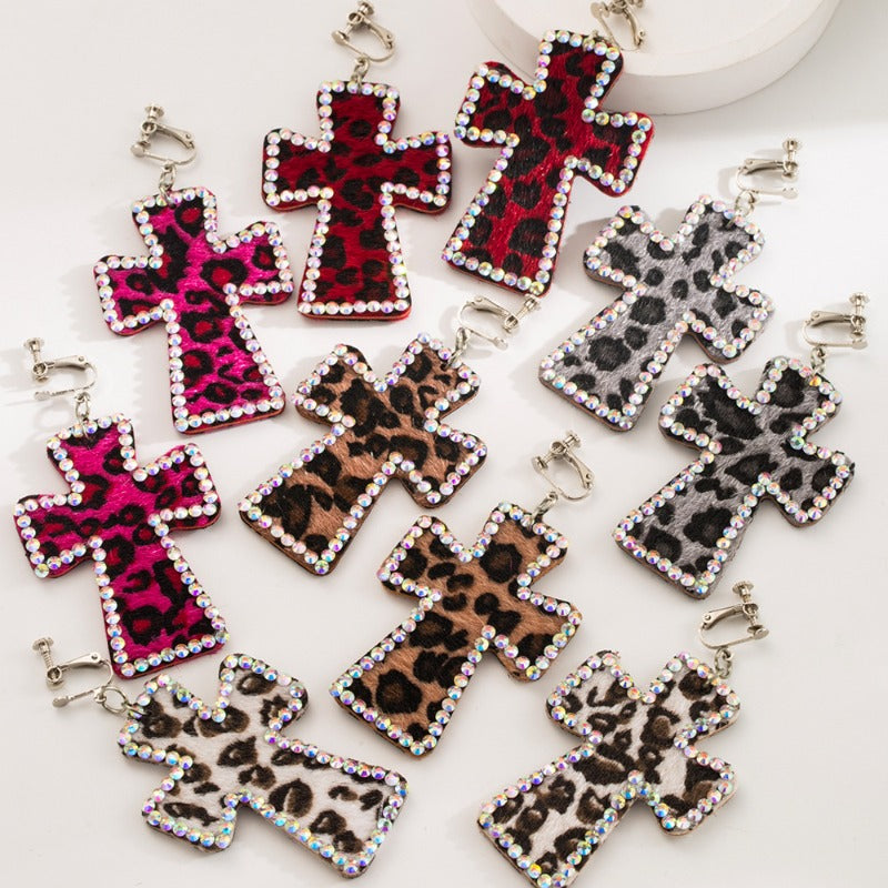 Wholesale Hot Girl Leopard Print Cross Exaggerated Adjustable Earrings