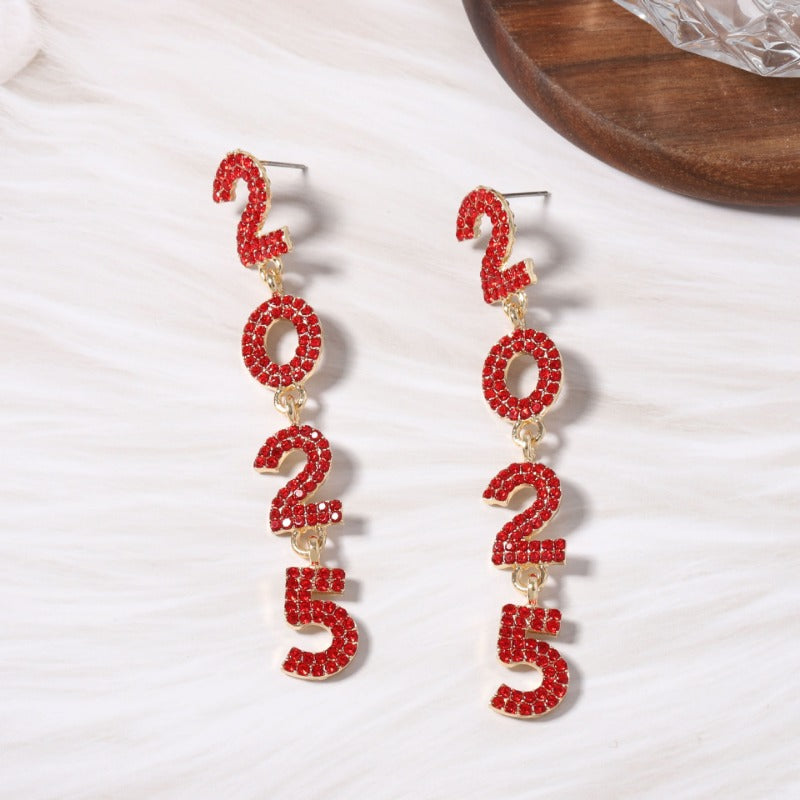 Wholesale New Year Full Diamond 2025 Digital Alloy Long High-end Niche Exquisite Versatile Earrings