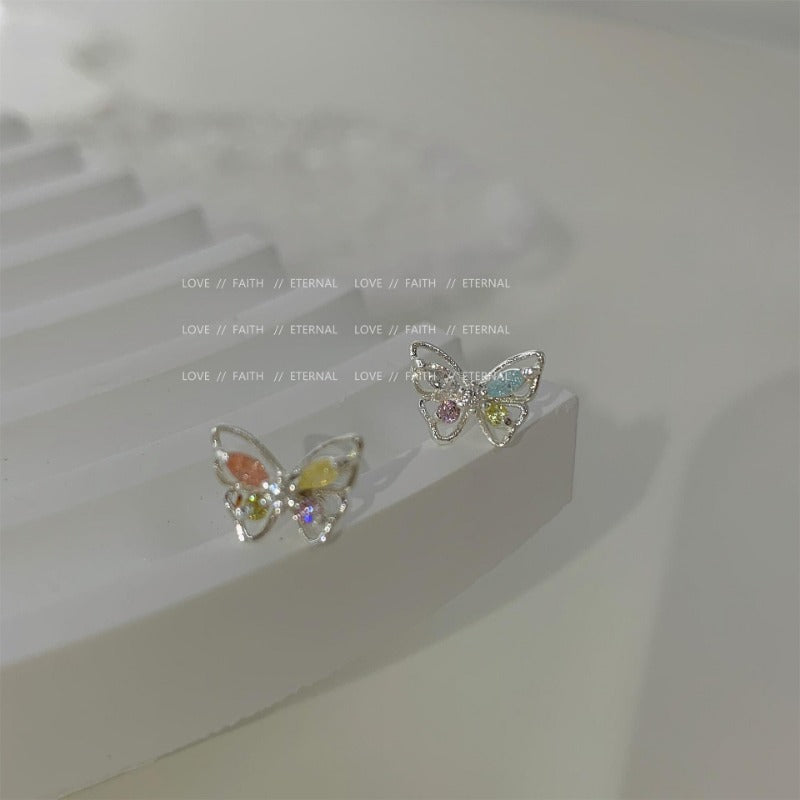 Wholesale 925 Silver Needle Micro Inlaid Zirconia Sweet Mini Pink Blue Small Butterfly Earrings