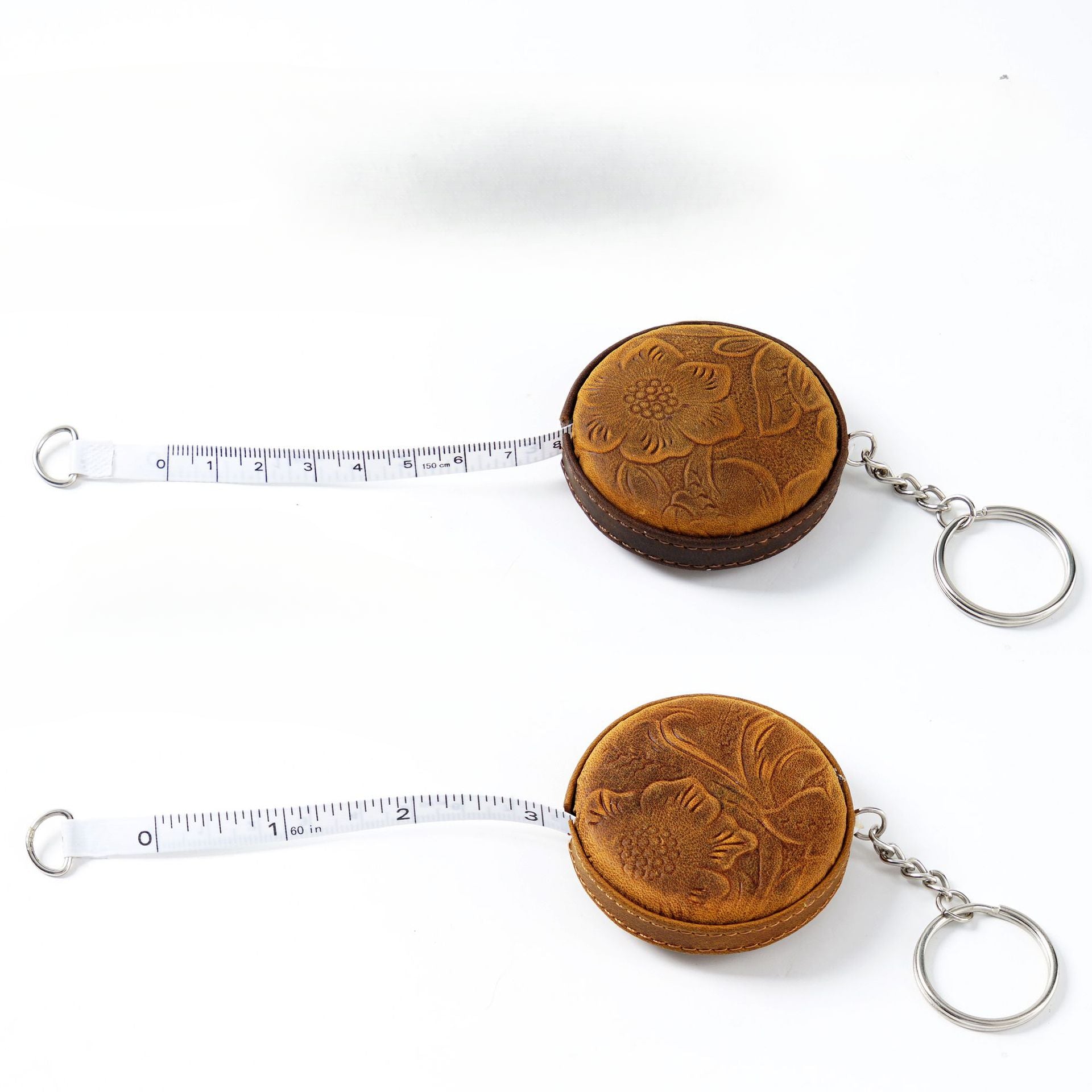 Wholesale First Layer Cowhide Handmade Mini Measuring Tape Pull Measure Retro Leather Keychain