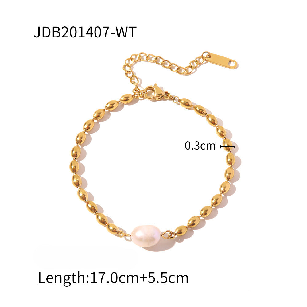 Wholesale Natural Freshwater Pearl Oval Golden Peas Titanium Steel Bracelet