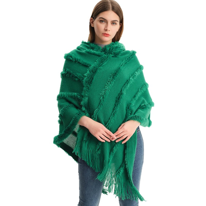Wholesale Autumn and Winter Shawl Solid Color Hooded Knitted Pullover Cape Shawl