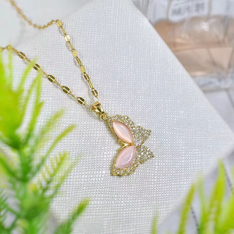 Wholesale Titanium Steel Rainbow Crystal Butterfly Necklaces
