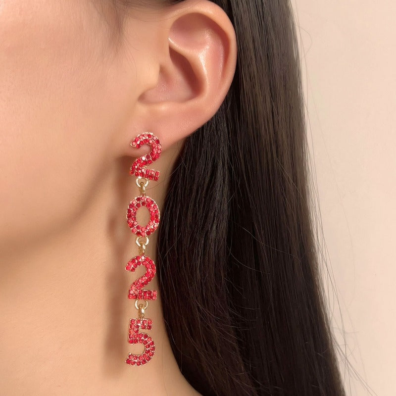 Wholesale New Year Full Diamond 2025 Digital Alloy Long High-end Niche Exquisite Versatile Earrings