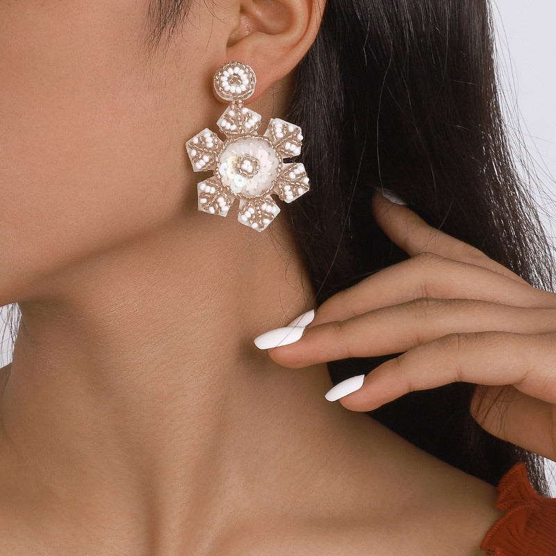 Wholesale Handmade Christmas Snowflake Beaded and Sequined Earrings