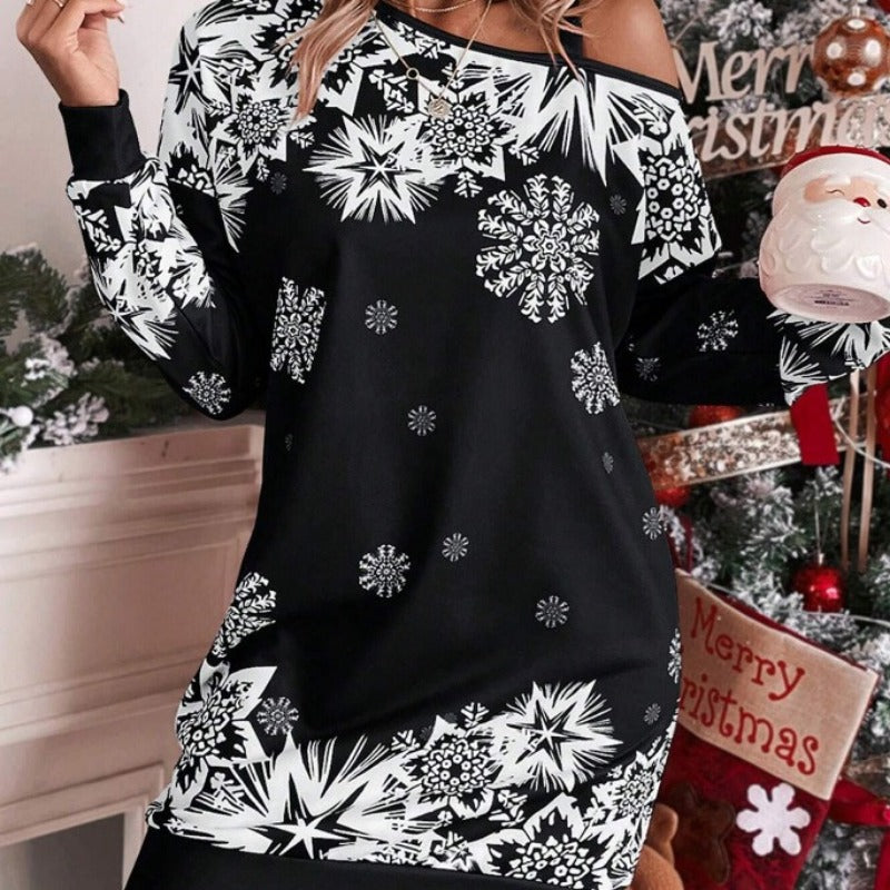 Wholesale Christmas snowflake print diagonal shoulder autumn/winter Women Clothes
