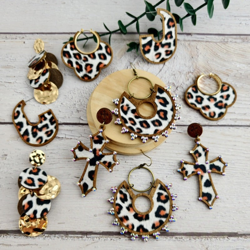 Wholesale Wooden Cut Double-layer Skin Leopard Print Exaggerated Retro Personality Grape String Earrings