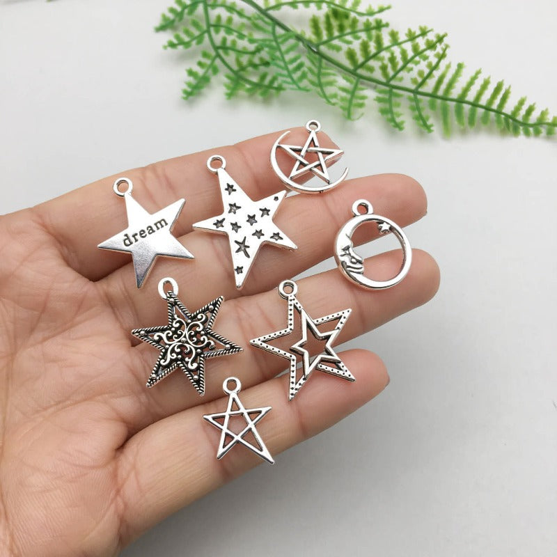 Wholesale 1 Antique Silver Alloy Star Series Simulation Hollow Pentagram DIY Pendant