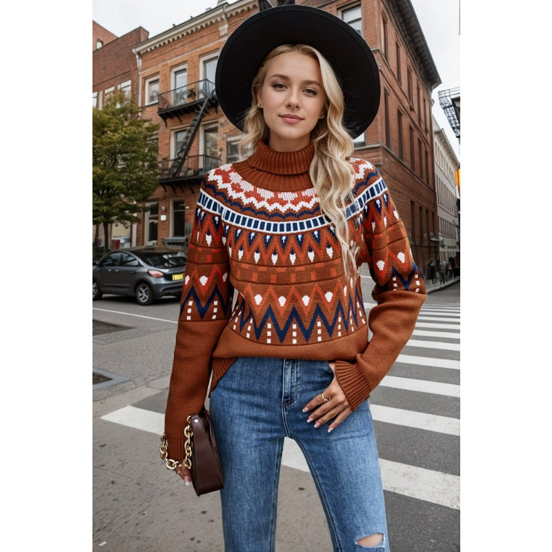 Wholesale Retro Striped Stitching Contrast Color Sweater Turtleneck Loose Knit Cardigan