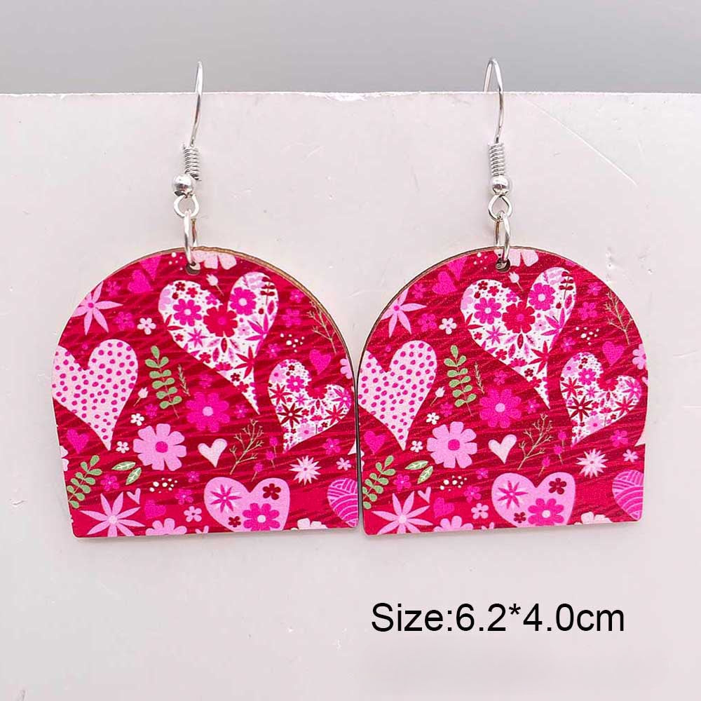 Wholesale Valentine's Day Wooden Earrings Pink Dwarf Leopard Pattern Heart Earrings